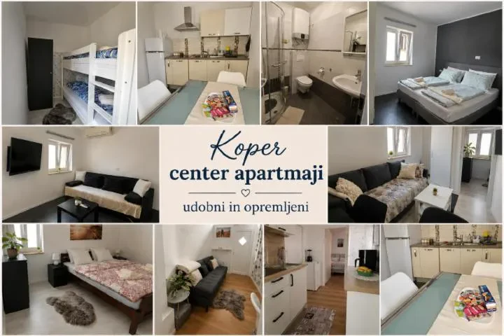 Kolaž fotografij opremljenega apartmaja za turiste, ki se nahaja v središču Kopra.
