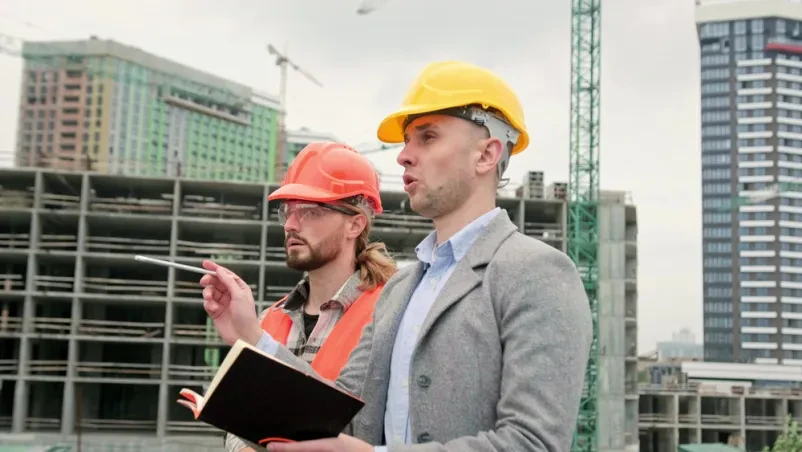 Gradbeni nadzornik in gradbenik se pogovarjata o konstrukciji