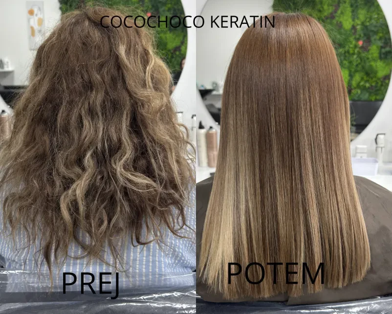 Ženska po keratinskem ravnanju las v frizerskem salonu z vidno bolj urejeno pričesko.