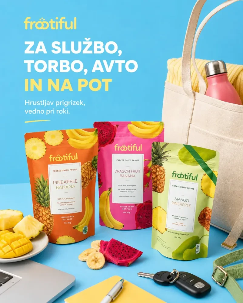 Oglas za liofilizirano sadje, ki je praktično za s sabo