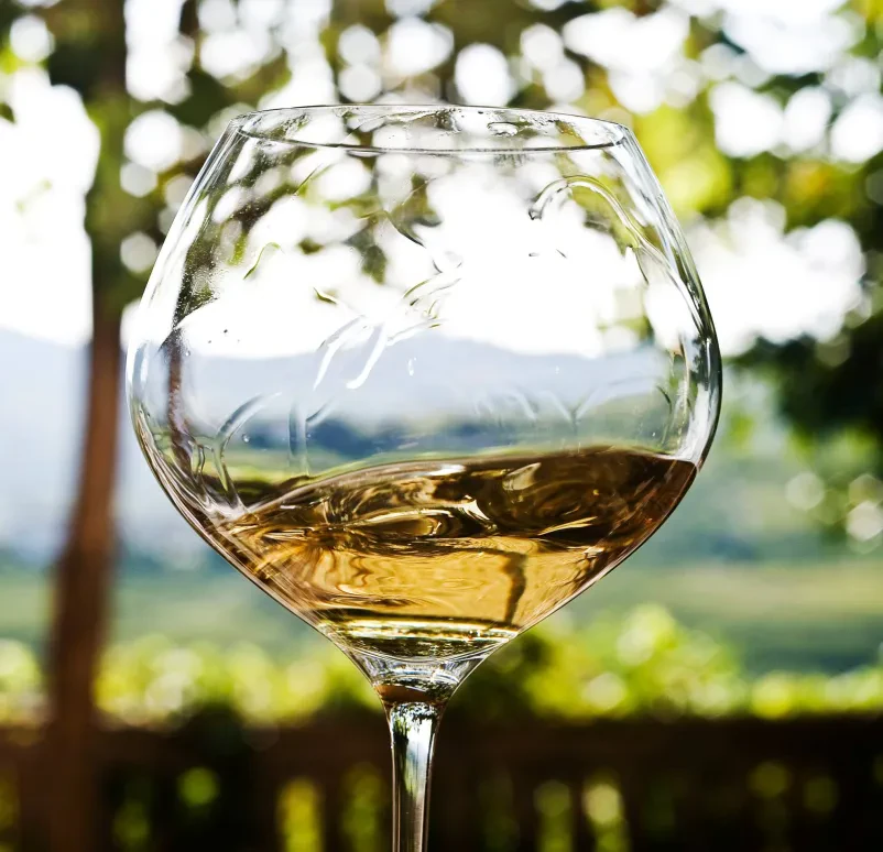 Kozarec vina na mizi v naravi v okolici domačije, v ozadju so drevesa.