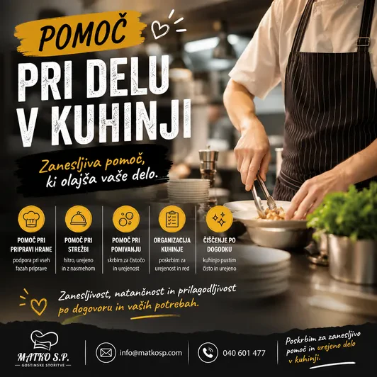 Kuharska vajenka v restavracijski kuhinji Pomoč pri pripravi jedi Goriška, Slovenija