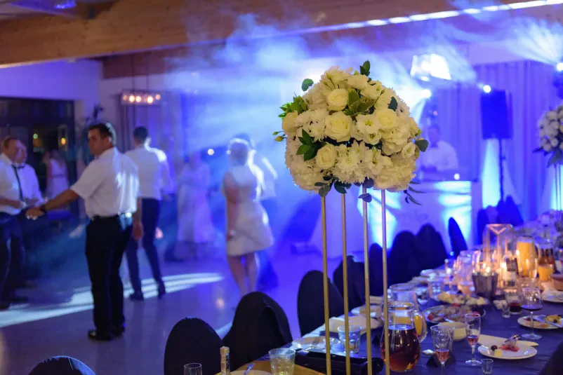 Zatemnjen prostor za zaključene družbe, v katerem poteka zabava ob poroki na Obali.