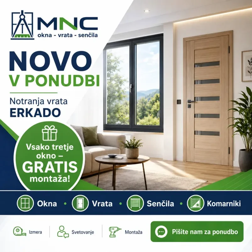 Reklamni letak za nova okna in vrata za stranke z Notranjske in Osrednje Slovenije.
