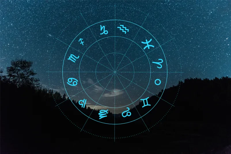 Astrološka znamenja v krogu na nebu nad zvezdnim nebom.