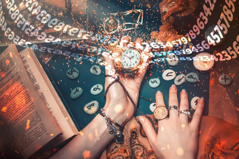 Roke, povezane na mizi, se prepletajo z astrološkimi znamenji pri astrološki analizi.