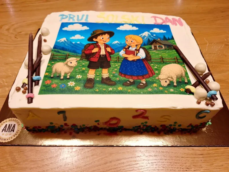 Rojstnodnevna otroška torta za praznovanje, na torti je otroški motiv, ki je bil izbran pri peki torte po naročilu.
