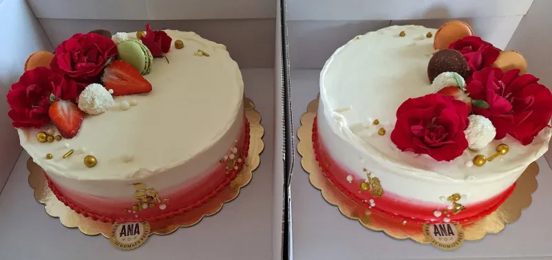 Poročna torta v beli in rdeči barvi, izdelana po naročilu za poroko stranke v Novi Gorici.