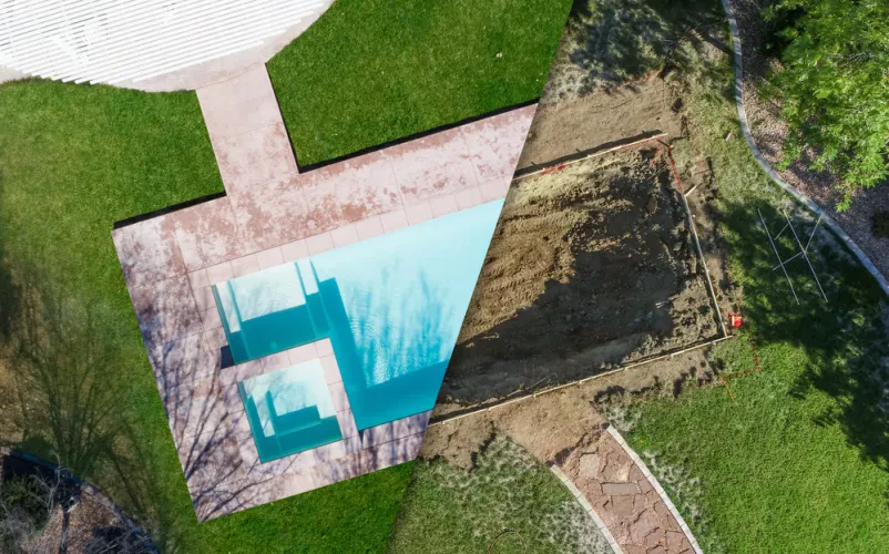 Zračna slika gradbišča pred in po gradnji bazena