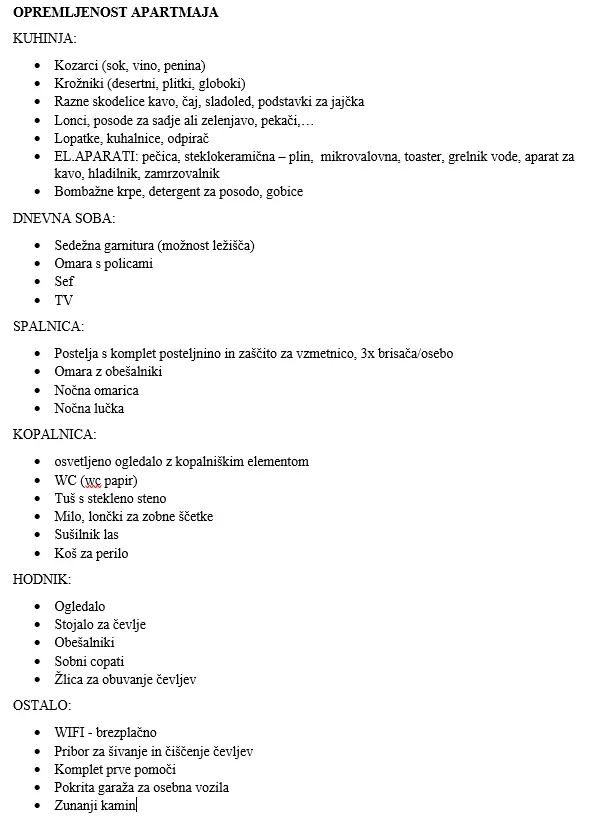 Opremljenost apartmaja Vrba