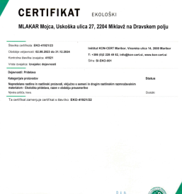 Certifikat za ekološko pridelavo Žafrana Štajerska, Slovenija