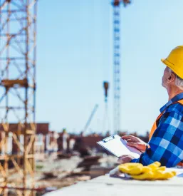 Gradbeni delavec v odsevnem jopiču in rumeni čeladi stoji na gradbišču in si zapisuje podatke v mapo, kar je ključnega pomena za vodenje projekta in zagotavljanje kvalitetne gradnje v regiji Štajerska.
