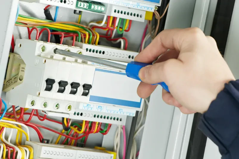 Natančna montaža električne napeljave Pogled od blizu prikazuje roke električarja, ki natančno montira in sestavlja novo ožičenje v industrijski plošči, kar zagotavlja učinkovit jaki tok.