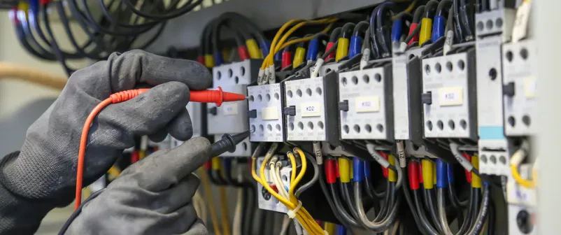 Inženir preverja napeljavo z multimetrom Električar z digitalnim multimetrom natančno preverja tok in napetost v glavni razdelilni omari. Tak pregled napeljave zagotavlja Kvalitetne elektroinštalacije Ljubljana okolica.