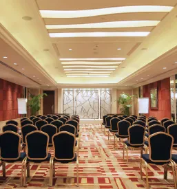 Prostorna in elegantna konferenčna soba z vrstami udobnih stolov in urejenimi mizami, primerna za poslovna srečanja in seminarje.