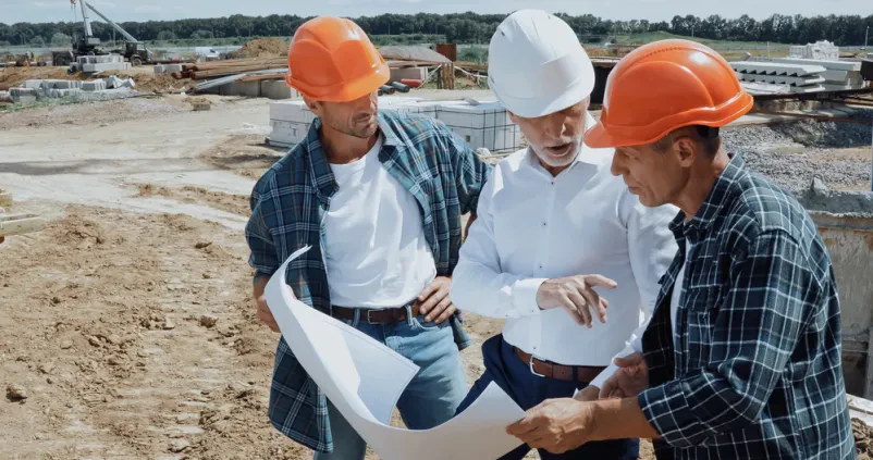 Trije gradbeni delavci in inženir s čeladami pregledujejo načrte na gradbišču, razpravljajoč o projektu zidarstva in gradnje objektov Kranj, Gorenjska.