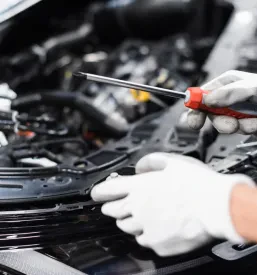Roke ženske mehanika z izvijačem natančno delajo na motorju avtomobila, del kvalitetnega popravila in vzdrževanja vozil Polzela.