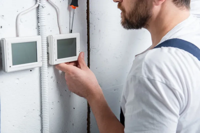 Električar popravlja električno omarico Moški električar s pomočjo izvijača natančno popravlja električno omarico. Za kakovostno popravilo elektroinštalacij v regiji poiščite dober električar Zasavje.