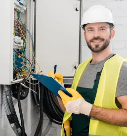 Nasmejan, profesionalen električar v zaščitni opremi s sponko in beležko, pripravljen za kakršnekoli elektroinštalacije. Zaupajte, da bo dober električar Zasavje poskrbel za vse vaše potrebe.