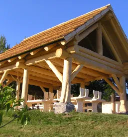 Masivna lesena klop z naravnimi robovi debla, ki izžareva rustikalen čar in trpežnost, primerna za sproščanje na vrtu.