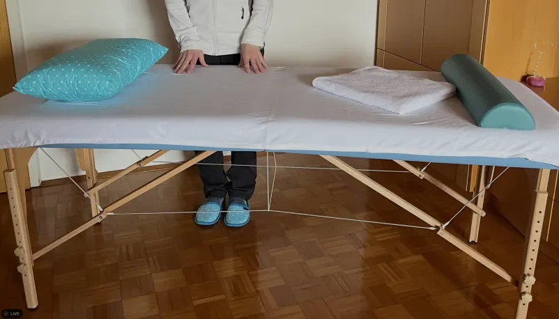 Maserka izvaja sproščujočo masažo Maserka nežno masira hrbet stranke na prenosni mizi, poudarjajoč sproščujočo klasično masažo na terenu Medvode, Gorenjska, Ljubljana, okolica.