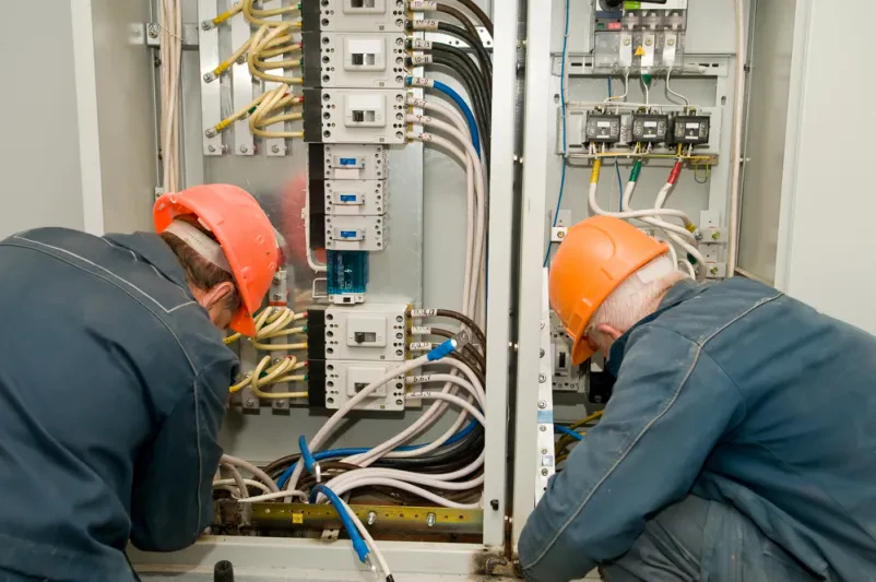 Električarja pri montaži industrijske nadzorne plošče Dva izkušena električarja skrbno montirata nove kable v industrijski nadzorni plošči, osredotočena na varnost in kakovost izvedbe.
