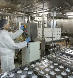 Industrijski tekoči trak v čisti tovarni za proizvodnjo hrane, kjer ženska delavka v zaščitni opremi nadzoruje strojne enote. Poudarek je na higieni in avtomatizaciji.