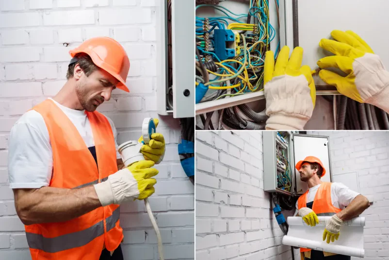 Električar z načrtom v elektro omarici Izkušen električar v zaščitni opremi pregleduje ožičenje v elektro omarici. Za kvalitetne elektro storitve Blanca, Sevnica, Posavje smo vam na voljo.