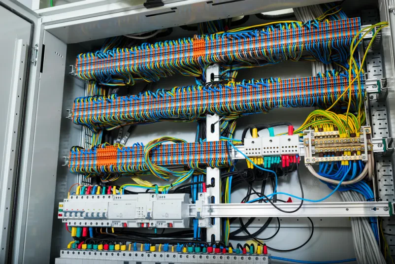 Natančno ožičenje v električni omarici Natančno in urejeno nameščene barvno kodirane žice v električni nadzorni plošči so ključne za zanesljive industrijske elektromontaže.