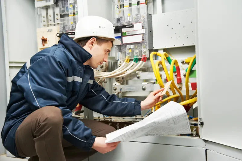 Električar pregleduje ožičenje v razdelilni omarici Izkušen električar natančno pregleduje kabelske povezave v industrijski razdelilni omarici, kar zagotavlja varnost in zanesljivost.