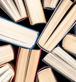 Zbirka raznobarvnih knjig s trdo vezavo, posneta od zgoraj. Prikazuje široko paleto literarnih del in objav.
