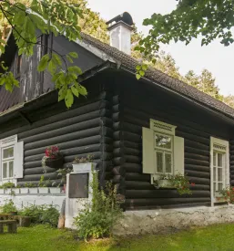 Tradicionalna lesena koča z rdečo streho v slikoviti gorski pokrajini. Obdana je z zelenim travnikom in drevesi, kar ustvarja prijetno vzdušje za počitnice.