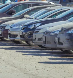Na prometni mestni ulici je v vrsti parkiranih veliko rabljenih avtomobilov različnih barv in modelov.
