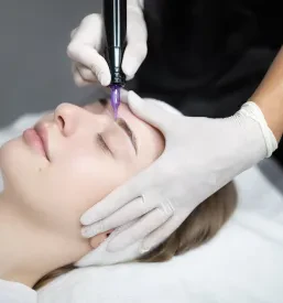 Stranka se sprošča v modernem salonu, medtem ko strokovnjakinja natančno izvaja permanentni make-up obrvi za poudarjen pogled.