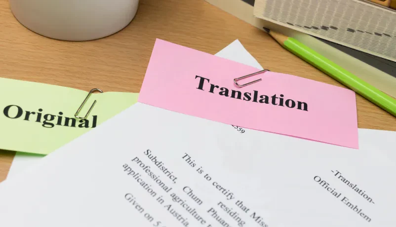 Prevajalski dokument na leseni mizi Na leseni mizi leži prevajalski dokument, ob njem pa so knjige in skodelica. Prizor nakazuje osredotočeno pisarniško delo.