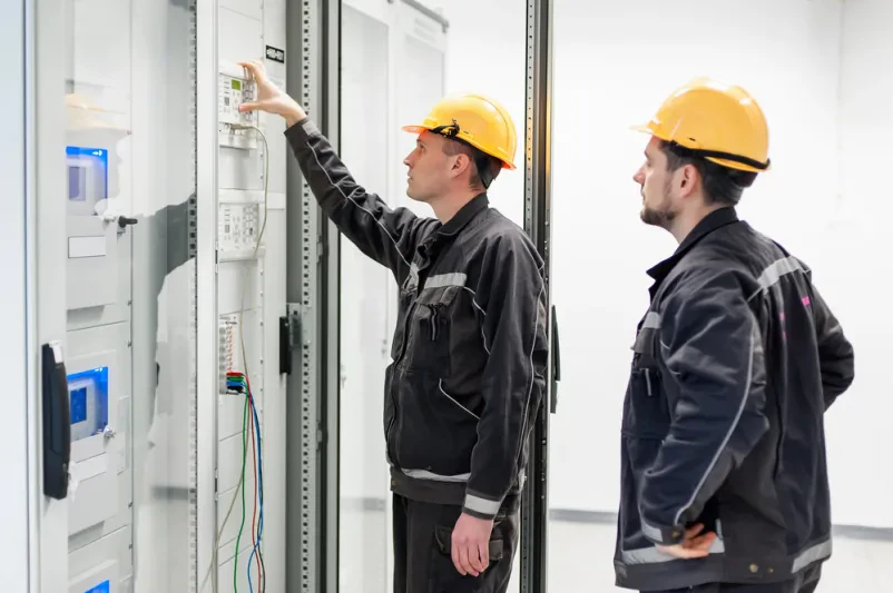 Ekipa na terenu preizkuša elektroniko Dva inženirja v varnostni opremi skrbno pregledujeta in testirata kompleksne elektronske inštalacije ter krmilne enote visokonapetostnih stikalnih naprav, kar je osnova za kakovosten Servis na terenu po Sloveniji za elektronske stroje in naprave.