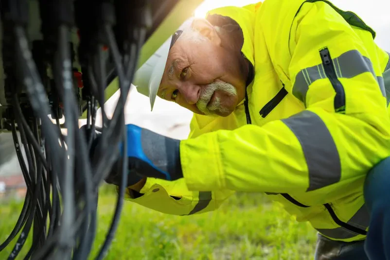 Tehnik pregleduje kable solarnih panelov Izkušen tehnik v visoko vidnem jopiču natančno pregleduje električne kable na polju s solarnimi paneli, kar je ključno za preventivno vzdrževanje in pravilno delovanje sistema.