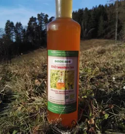 Visokokakovosten ekološki lešnikov kis v elegantni steklenici, ki dopolnjuje ponudbo svežega ekološkega sadja in zelenjave Ljubljana.