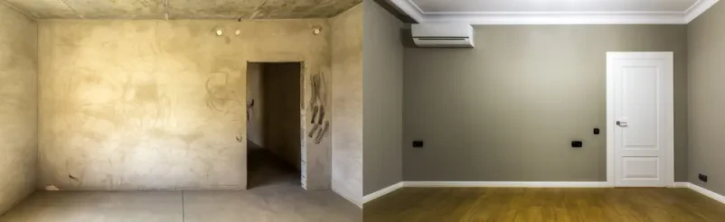 Pogled na sobo pred in po prenovi, ki prikazuje izjemno preobrazbo. S takšnimi projekti so ugodne adaptacije stanovanj Dolenjska dostopne vsem.