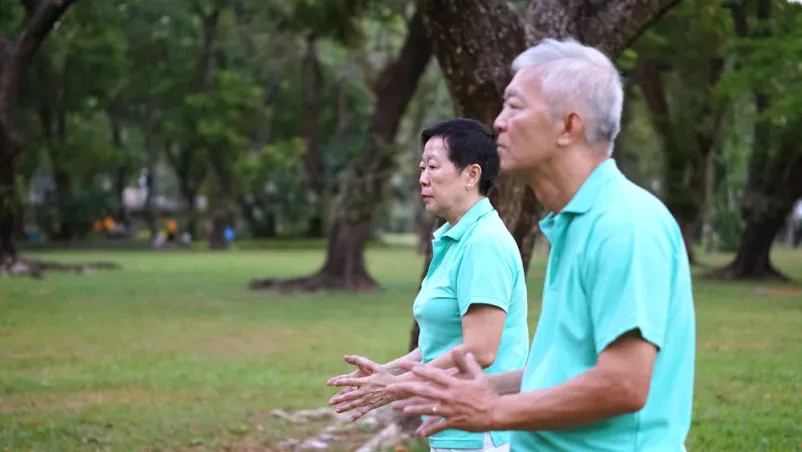 Starejši par vadi Tai Chi v parku Starejši azijski par izvaja umirjene vaje Tai Chija in Qi Gonga v sončnem parku, kar prispeva k njunemu zdravju in vitalnosti.
