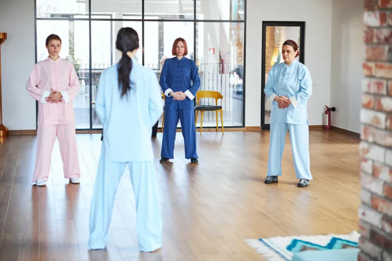 Skupinska meditacija in gibanje Skupina žensk v oblekah izvaja vaje za samozdravljenje in meditacijo. To so Chi gong terapije meditacija Domžale.