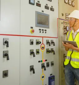 Moški inženir s čelado in tablico v rokah skrbno nadzira in pregleduje delovanje kompleksnih električnih sistemov v moderni kontrolni sobi.