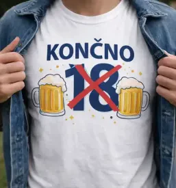 Beli majici s kreativnim napisom »Končno 18« in grafiko, pripravljeni za darilo ob polnoletnosti.