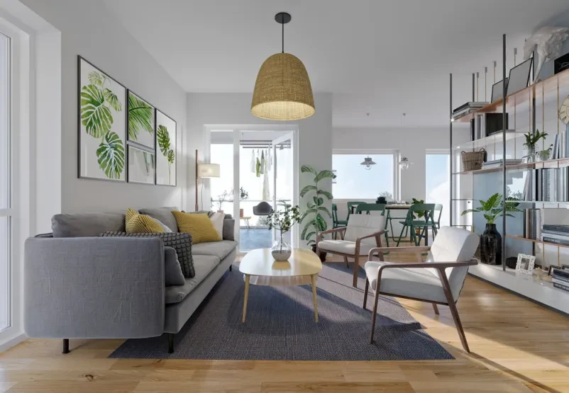3D izris moderne odprte kuhinje in dnevne sobe Prikaz moderne kuhinje in dnevne sobe z odprtim tlorisom, poudarkom na naravni svetlobi in rastlinah. Strokovno notranje oblikovanje in dizajn s 3D vizualizacijo v Mariboru.