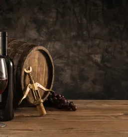 Tradicionalna vinska klet z vinskimi kozarci, lesenimi sodi in bogato zbirko steklenic, ki poudarjajo dediščino vinarstva.