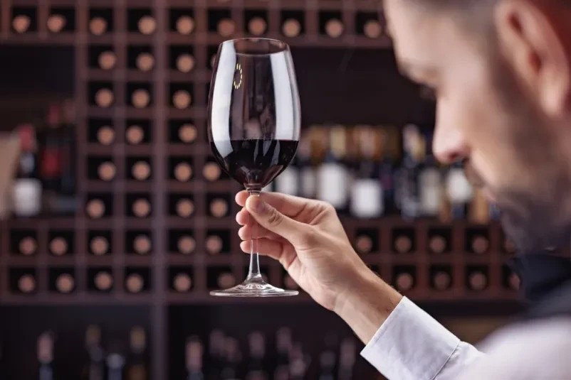 Mlad sommelier degustira rdeče vino Mlad in eleganten sommelier z brado skrbno preizkuša rdeče vino v kozarcu, ocenjuje barvo in vonj v vinski kleti.