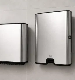 Eleganten Tork inox podajalnik za brisače na steni moderne toaletne sobe. Profesionalne čistilne naprave in oprema za gostince Slovenija.