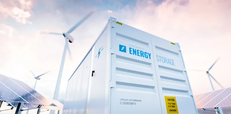 Konceptualna podoba modernega baterijskega sistema za shranjevanje energije s sončnimi paneli in vetrnimi elektrarnami v ozadju. Poudarja integracijo različnih virov za zanesljivo oskrbo.