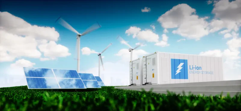 Obsežen sistem za shranjevanje energije z litij-ionskimi baterijami, fotovoltaiko in vetrnicami v naravnem okolju, z zamegljeno silhueto mesta v ozadju, ki nakazuje na distribucijo električne energije v urbanem območju.