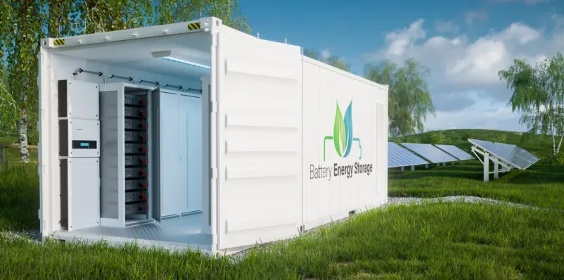 Odprt industrijski kontejner z notranjimi baterijskimi moduli za shranjevanje električne energije, postavljen na zeleni trati s solarno elektrarno v daljavi.